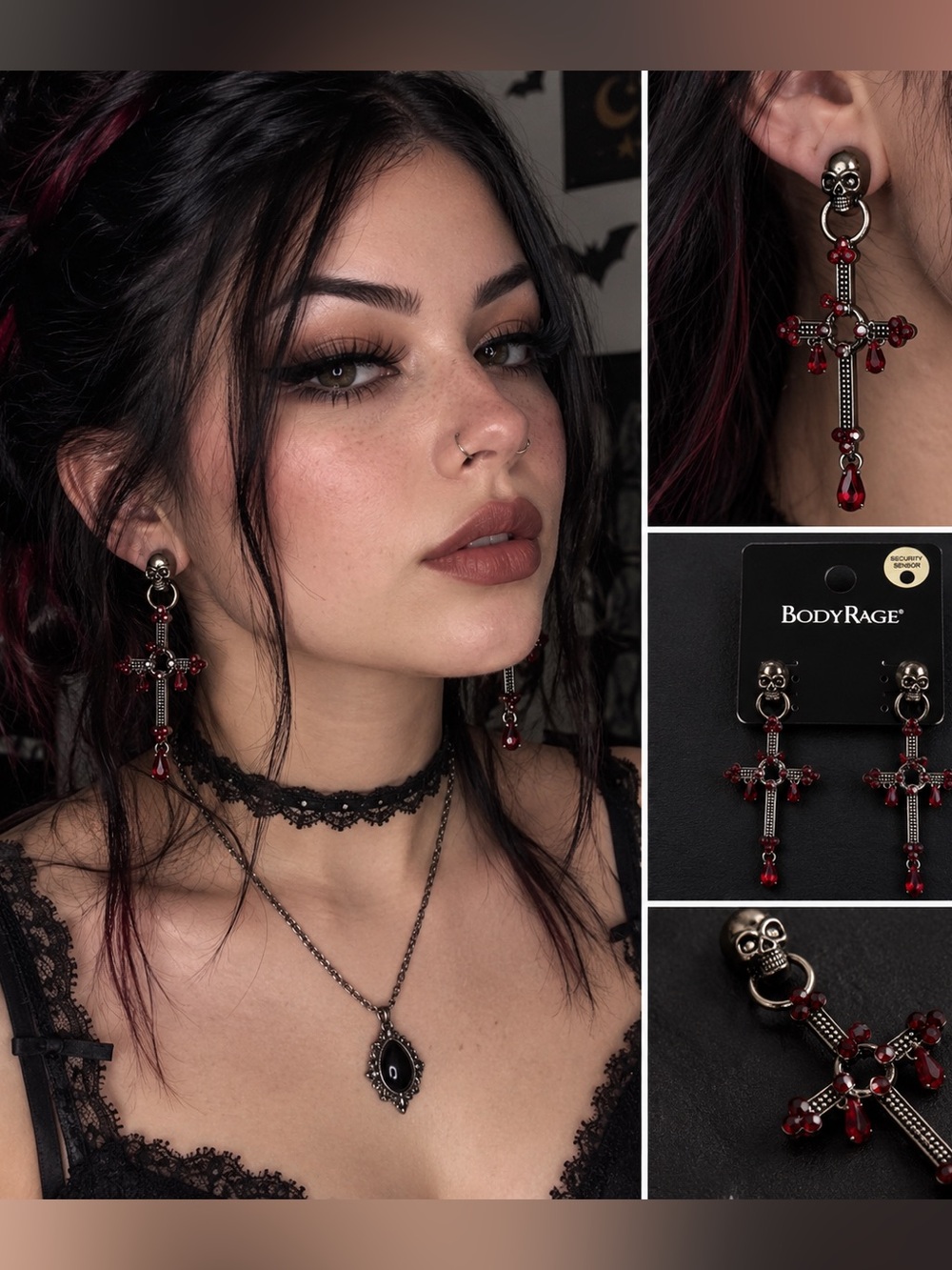 Skull & Cross BodyRage Red Crystal Dangle Earrings NWT / whimsigoth Goth Vampire